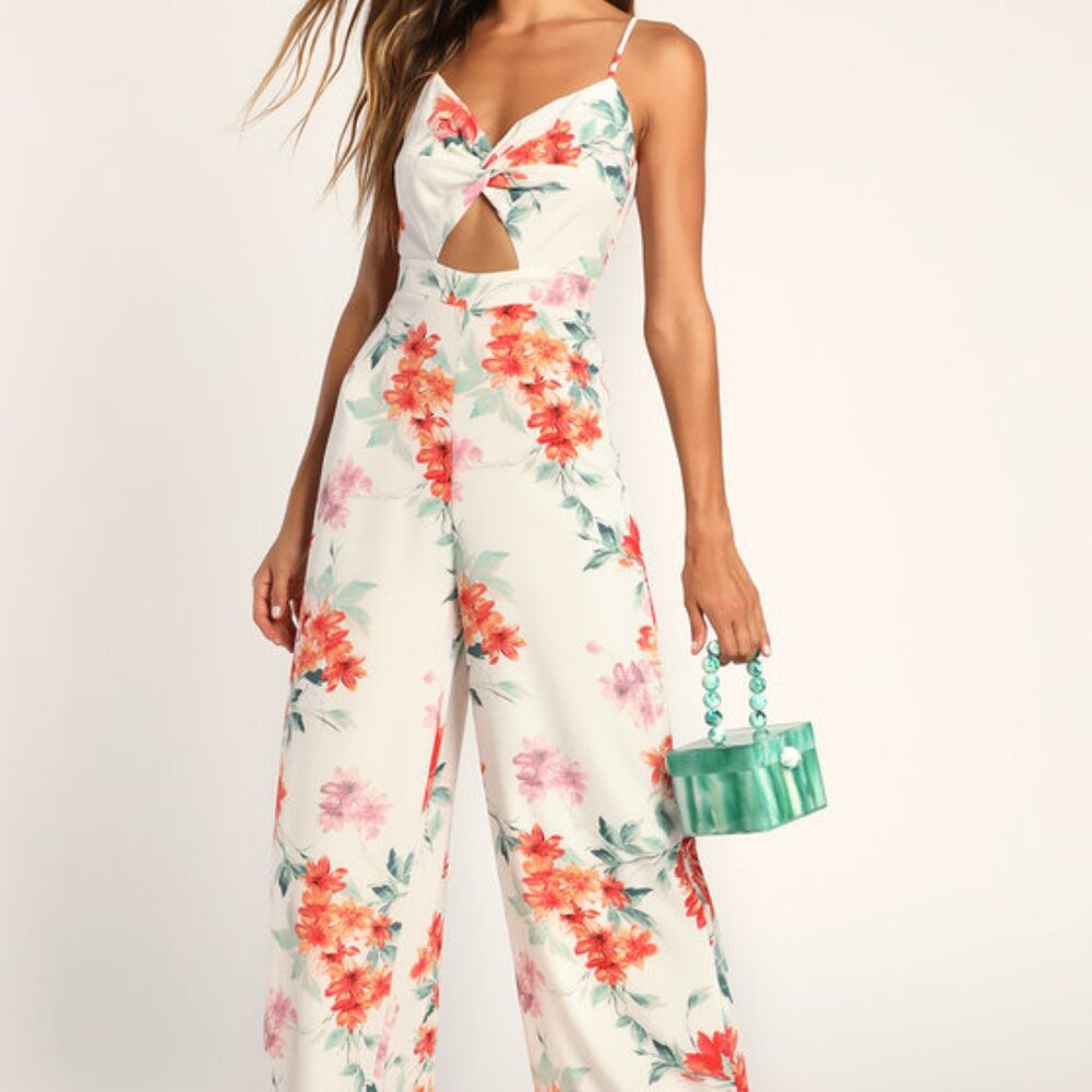 Lulus Bountiful Beauty White Floral Print Cutout Wide-leg Jumpsuit - Size XL
